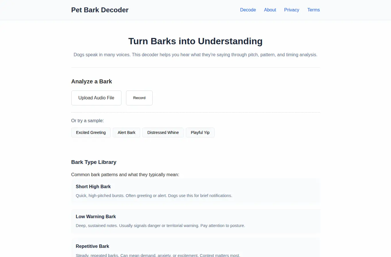 Screenshot of Pet Bark Decoder interface showing the project page in use